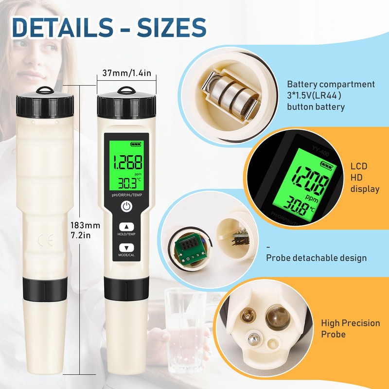 Hydrogen Water Tester 4 in 1 PH,H2,ORP&Temp,pH Meter ORP Meter