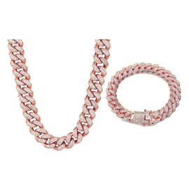 OWNCOOL 2 PCS Cuban Link Chain Iced Out Miami Cuban Necklace Bracelet Bling Diamond Hip Hop Jewelry for Men Women Rose Gold 7 20inch