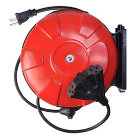 Southwire Medium Duty Retractable Extension Cord Reel - 3 Outlets - 14/3 SJTW Cord - Grounded Tri-Tap - Heavy Duty Steel Reel - Wall & Ceiling Mountable - UL Listed - Red & Black - 30 Feet