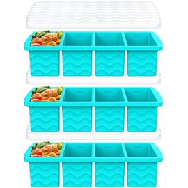 3-Pack Silicone Freezer Trays with Lid, Soup Freezer Container Molds, Silicone Freezer Molds, Ice Cube Tray for freezing Soup Sauce Broth Leftovers, Dishwasher & Oven Safe, BPA Free (1-cup,blue)