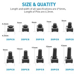 QTEATAK 200 Pcs 10 Value 4 Pins 6 x 6mm Micro Momentary Tact Tactile Push Button Switch Assortment Kit