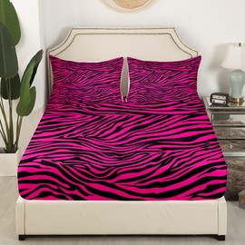 Feelyou Zebra Bed Sheets Set Full Size Animal Print Sheet Set for Kids Boys Girls Decor Hot Pink Sheets with Deep Pocket Fitted Sheet Microfiber Abstract Art Bedding Set Bedroom Stripes Bed Set