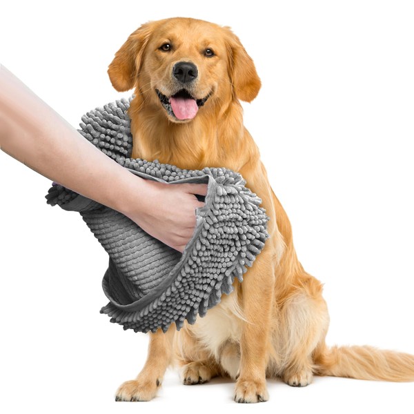 Muddy Mat® Doggy Dryer, Highly Absorbent Microfiber Washable Dog Shammy, Quick Drying Towel Absorber, Extra Soft Plush Wrap Chenille Bath Towels to Dry Soggy Large Pets & Small Puppy - Grey