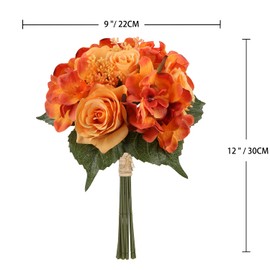 DILATATA Artificial Rose Bouquet 12" Silk Roses Artificial Flowers Fake Orange Rose Flowers for Home Bridal Wedding Party Festival Decor - Faux Roses and Hydrangea 2 Pack