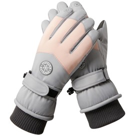 Women Ski Gloves Winter Windproof Snow Touchscreen Thermal Gloves Warm Thickened Gloves with Fleece for Skiing Running Cycling Hiking Snow Sports (Light Grey+Pink)