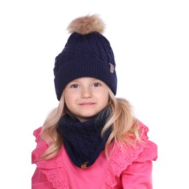 HEYO Children's Winter Set Hat Lined with Fleece Warm Tube Scarf Loop Scarf Gloves Soft Bobble Hat Round Scarf Toddler Knitted Hat Boys Girls, darkblue