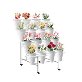 Floral Display Stand with 16 White Flower Baskets 4-Layers Cart Display Stand with Wheels ,Sturdy Mobile Flower Bouquet Rack for Courtyard, Garden, Flower Shop, with Lockable Rotating Wheels (White)