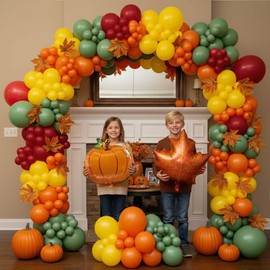 Fall Thanksgiving Balloons Garland Arch Kit green Ruby Red Yellow burnt orange Balloons artificial maple leaf pumpkin Maple Leaf balloons for Little Pumpkin Baby Shower Harvest Birthday decorations