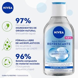NIVEA Agua Micelar para Piel Normal(400 ml) - Fórmula Vegana con Complejo Aminoácido, Remueve Maquillaje a Prueba de Agua, Limpia y Refresca la Piel - Ideal para Todo Tipo de Piel