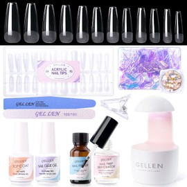 Gellen Gel Nail Kit Coffin 240pcs Nail Tips Extension Set with Everything, Etch X Nail Tips DIY Kit Long Coffin Gel Nail Glue U V Light for Women