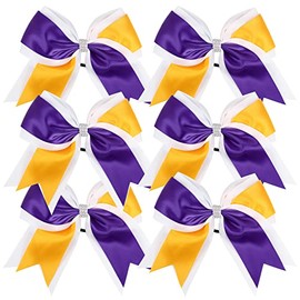 Cheerleader Bows 8 Inch 3 Colors 2 Layers 6 Pcs Jumbo Ponytail Holder Cheerleading Bows for High School College Hair Elastic Hair Tie (Purple/Gold)
