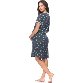 Italian Fashion Women's Night Gown, Birthing / Nursing Nightdress, Maternity Nightwear, Maternity Fashion with Button Placket, Nightshirt for Pregnant Women, Size L, Pink / Grey - m