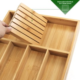 VaeFae Bamboo Silverware Organizer, Utensil Holder for Drawer, Wooden Cutlery Tray with Divider for Kitchen Drawer, Utensil Organizer with Knife Block