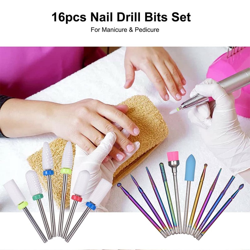 16pcs Ceramic Nail Drill Bits Set File Acrylic Manicure Pedicure