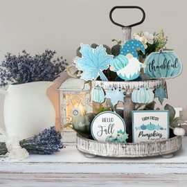 Bencailor 11 Pcs Fall Tiered Tray Decor Set Thanksgiving Pumpkin Decor Navy Blue Fall Table Decoration Maple Leaf Gnome Wood Sign Decorative Tabletop Sign for Autumn Thanksgiving Kitchen Decoration