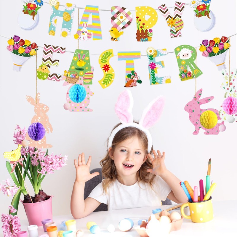 19 Pcs Easter Decorations,Easter Bunting,Easters Bunny Table Decorations For Home