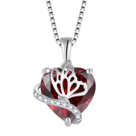 YL Heart Necklace 925 Sterling Silver Butterfly Pendant Chain 12 Birthstone Cubic Zirconia Necklace Jewellery Gifts for Women Mother Girlfriend, Silver, Garnet