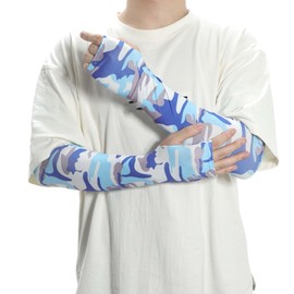 CAPASTEC Arm Cover, UV Protection, Cold Feeling, Arm Sleeve, Finger Type, Sun Protection, UV Protection, For Sports, Running, Driving, Bicycle, Cooling, Camouflage, Light Blue, Long