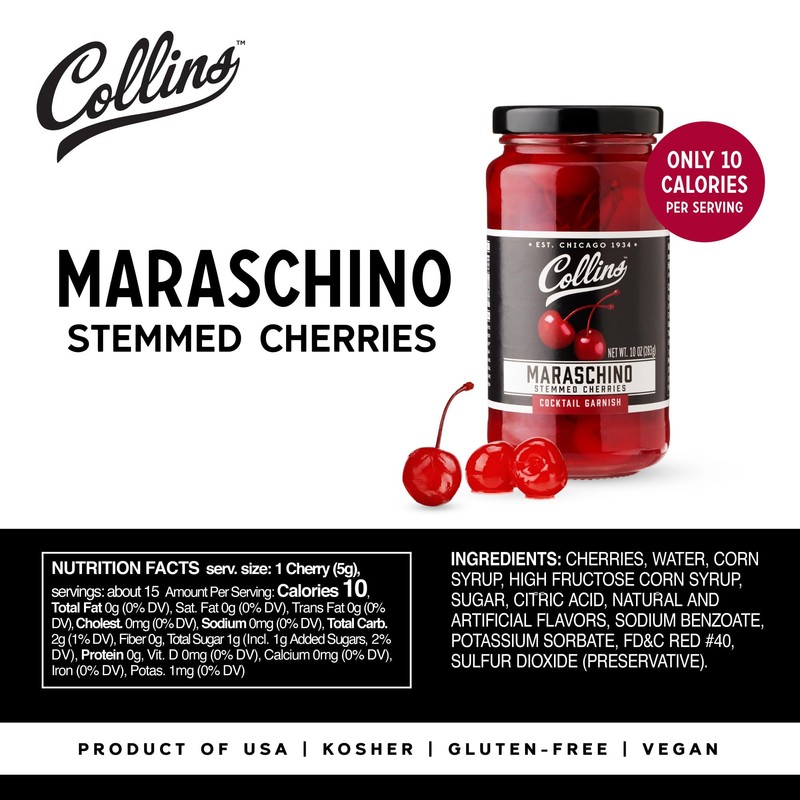 Collins Stemmed Maraschino Cocktail Cherries - Royal Anne Cherries Garnish