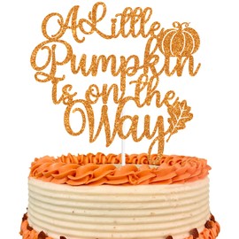 Decoración de pastel con purpurina de calabaza con texto «A Little Pumpkin is on the Way», calabaza Oh Baby / Little Pumpkin, decoración de fiesta con temática de calabaza, revelación de género