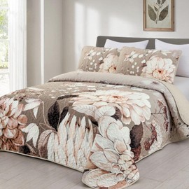 Floral Quilt Set King Size Brown Botanical Bedspread Coverlet Set 3 Pieces Soft Lightweight Flower Quilt Bedding Set for All Season, 104"x90"