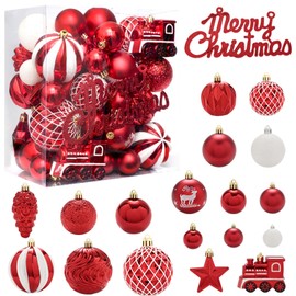 GarveeHome Christmas Ornament Set for Tree Decorations, 65 Pcs Assorted Christmas Ornaments, Shatterproof Ball Ornaments and Merry Christmas Sign for Christmas Party Tree Decoration,Red and White