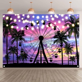 Monalivest 7x5ft Summer Seaside Ferris Wheel Backdrop Sunset Tropical Palm Tree Sparkling Lights Photography Background Festival Party Decorations Photo Props