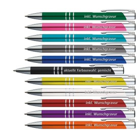 50 x metal ballpoint pens with 3 decorative rings, including Desired Engraving Colour, Mixed, Choose from 20 Fonts and 14 Different Colours Your Desired Ballpoint Pen