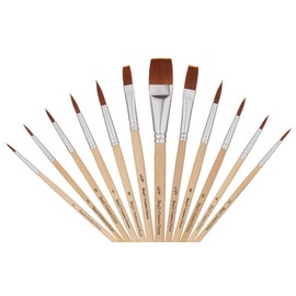 Jerry Q Art 12 PC Brown Synthetic Hair Round and Flat Paint Brush Set with Short Wood Handles for Acrylic, Watercolor and All Media JQ59831