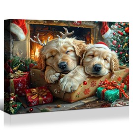 Looife - Christmas Puppies Wall Art – Adorable Golden Retrievers in Gift Box by Fireplace – Festive Canvas Print with Wooden Frame for Holiday Decor, 32x24inch
