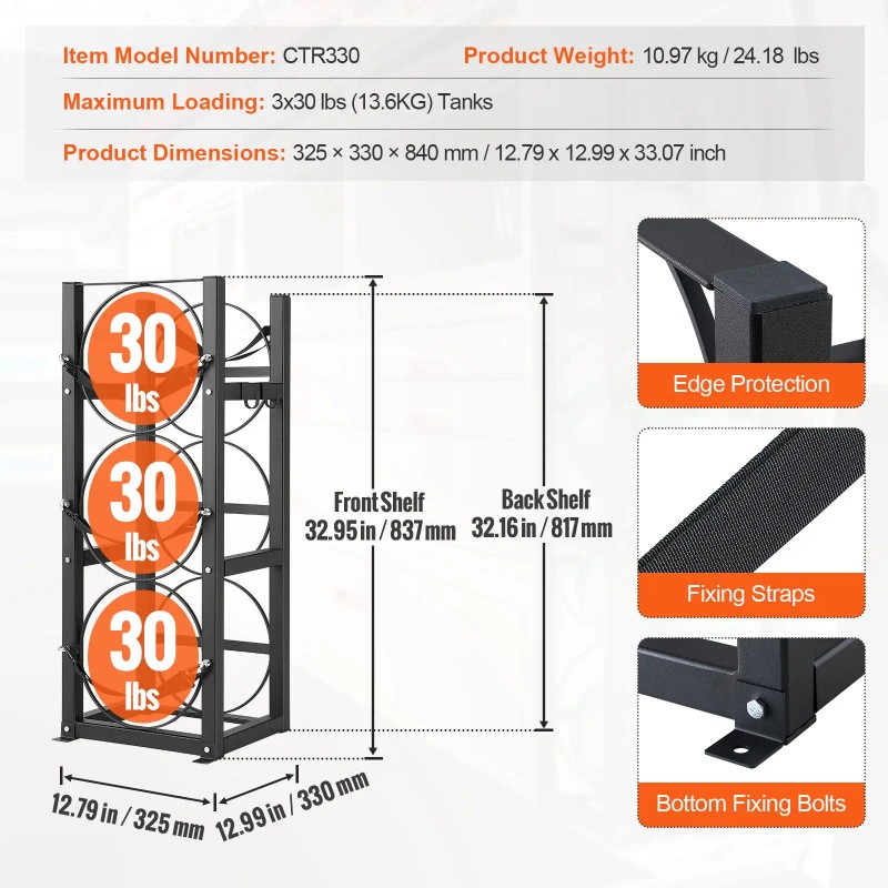 Refrigerant Tank Rack for 3 X 30lbs Bottle Tanks 12.79x12.99x33.07