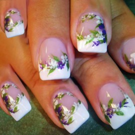 Purple Green Leaf Flower Press on Nails White French Tip Fake Nails Spring Summer White Floral Designs Glue on Nails Glitter Full Cover Acrylic False Nails Reusable Stick on Nails for Women 24 Pcs