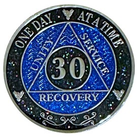 AA 30-Year Shiny Fancy Glitter Recovery Medallion, Alcoholics Anonymous Recovery Sober Silver Color Metal Coin, Shiny Blue And Black Rainbow Glitter, AA Sobriety Chip