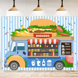 Hamburger Truck Backdrop Fast Food Dessert Shop Background Burger Food Fries Drinks Photography Backdrop Kids Birthday Baby Shower Party Decor Portrait Photo Booth Props,7x5ft