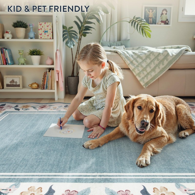 Lahome Floral Blue 2x6 Runner Rug for Hallway,Scalloped Washable Rug