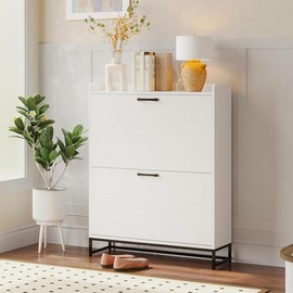 VOWNER Shoe Cabinet with 2 Flip Drawers , Contemporary Slim Shoe Cabinet with Adjustable Dual-Height Shelves & Metal Legs, Freestanding Shoe Organizer with for Entryway, Hallway, Living Room, White