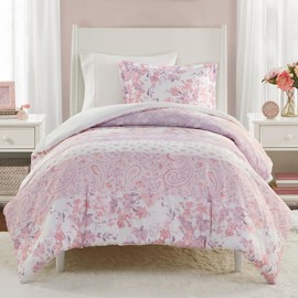Intelligent Design Twin Duvet Cover Set, Romantic Floral & Paisley, Solid Reverse, All Seasons Soft Microfiber Lightweight & Breathable Duvet Cover, Matching Sham, Oliena, Twin/Twin XL Pink 2 Piece