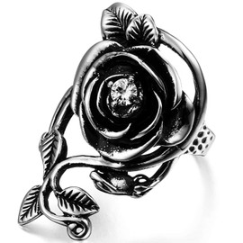 OIDEA Vintage Stainless Steel Rings Rose Flower Vine Wedding Ring Ladies Women Engagement Ring Black Silver, Stainless Steel, No Gemstone
