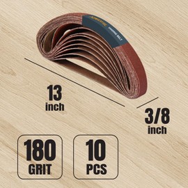 POWERTEC 3/8 x 13 Inch Sanding Belts, 10PK, 180 Grit Aluminum Oxide Sanding Belt, Abrasive File Belts for Air Belt & Band File Sander, Woodworking, Knife Sharpening, Metal Polishing (401318)