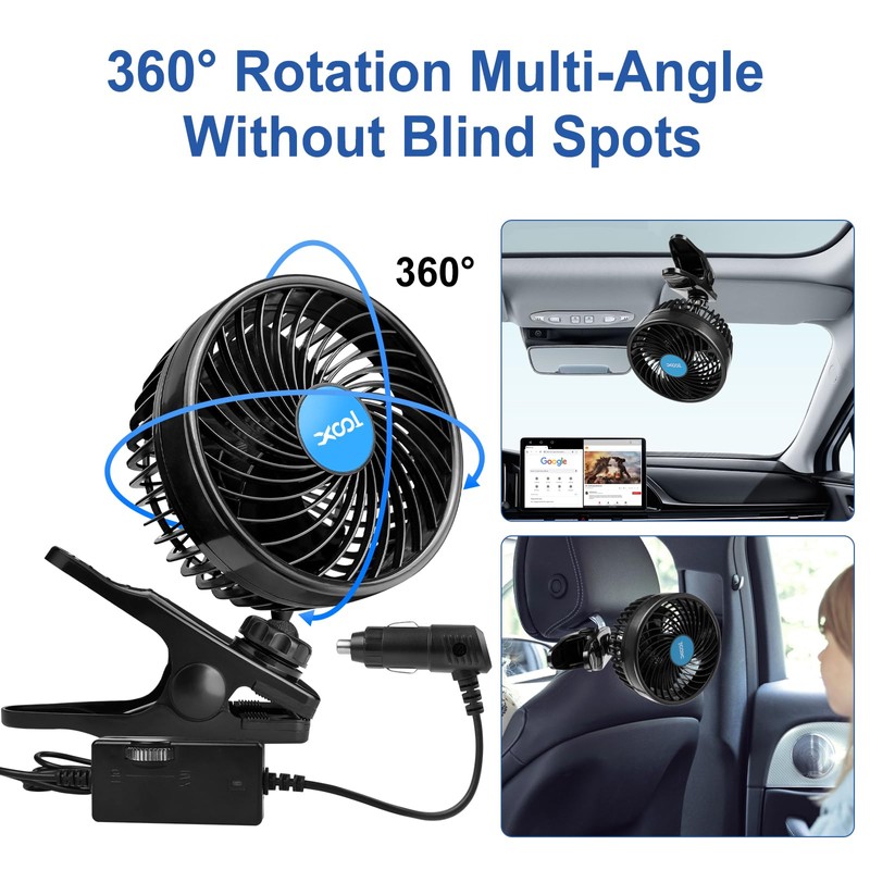 XOOL 12V 6'' Car Fan, Clip Fan 360 Degree Rotatable