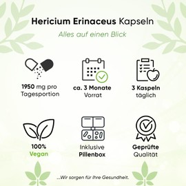 Lions Mane - 1950 mg Daily Serving - 240 Capsules - 30:1 Extract (=58,500 mg Hericium Erinaceus) - Includes Pill Box - 30% Polysaccharides - 5% Beta Glucan - Vegan - High Dose