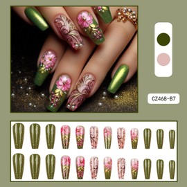 Flower Press on Nails Medium Square Fake Nails with Pink Flower Designs Glossy Green False Nails 3D Rhinestones Stick on Nails Cute Full Cover Reusable Artificial Nails for Women Girls Manicure 24Pcs