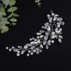 Teyglen Bride Crystal Wedding Hair Vine Silver Rhinestone Pearl Headband Bridal Crystal Hair Piece Bridal Hair Vine Hair Accessories for Women
