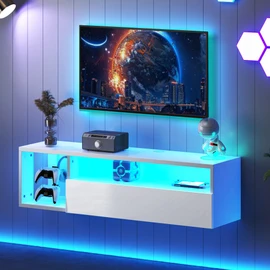 DlandHome Floating TV Stand with LED Light, 39.3’’ Wall-Mounted Media Console, Floating Shelf for Under TV Wall Mount with Storage Shelf for Bedroom Living Room, White