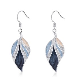 Vurotry Leaf-Shaped Dangle Earrings, Enamel and Crystal Accents, 2.16 inch Length, Navy Blue and Silver (colour1)