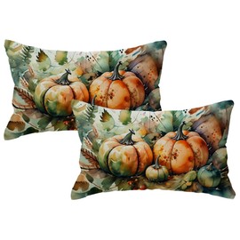 Watercolor Pumpkins Throw Pillow Covers 12x20 Fall Maple Leaves Pillowcases Farmhouse Autumn Harvest Decorative Lumbar Cushion Covers 2Pack Seasonal Decorations for Sofa/Couch/Porch(Green)