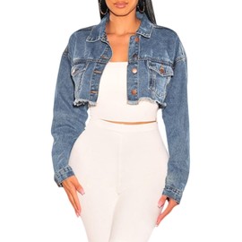 Women's Cropped Denim Jackets Long Sleeve Ripped Destroyed Wash Crop Top Jean Jackets