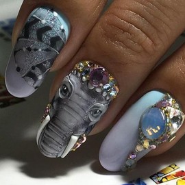 Medium Press on Nails Oval Fake Nails 3D False Nails with Rhinestone Simulation Elephant Designs Full Cover Press ons Blue Ombre Artificial Nails Cute Stick on Nails for Women 24 PCS