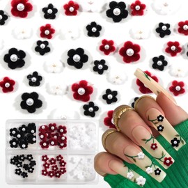 BAIYIYI 60PCS 3D Plum Blossom Nail Art Plush Resin Nail Charms Mixed Color Resin Flower Nail Charms Fluffy Pom Balls for Acrylic Nails DIY Craft Women Girls