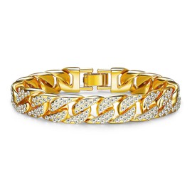 KALVICA Mens Bracelets Cuban Chain Bracelet for Men 14MM Width Cubic Zirconia Bracelet Gold Bracelet Length 22cm Jewellery Gifts for Father Boyfriend